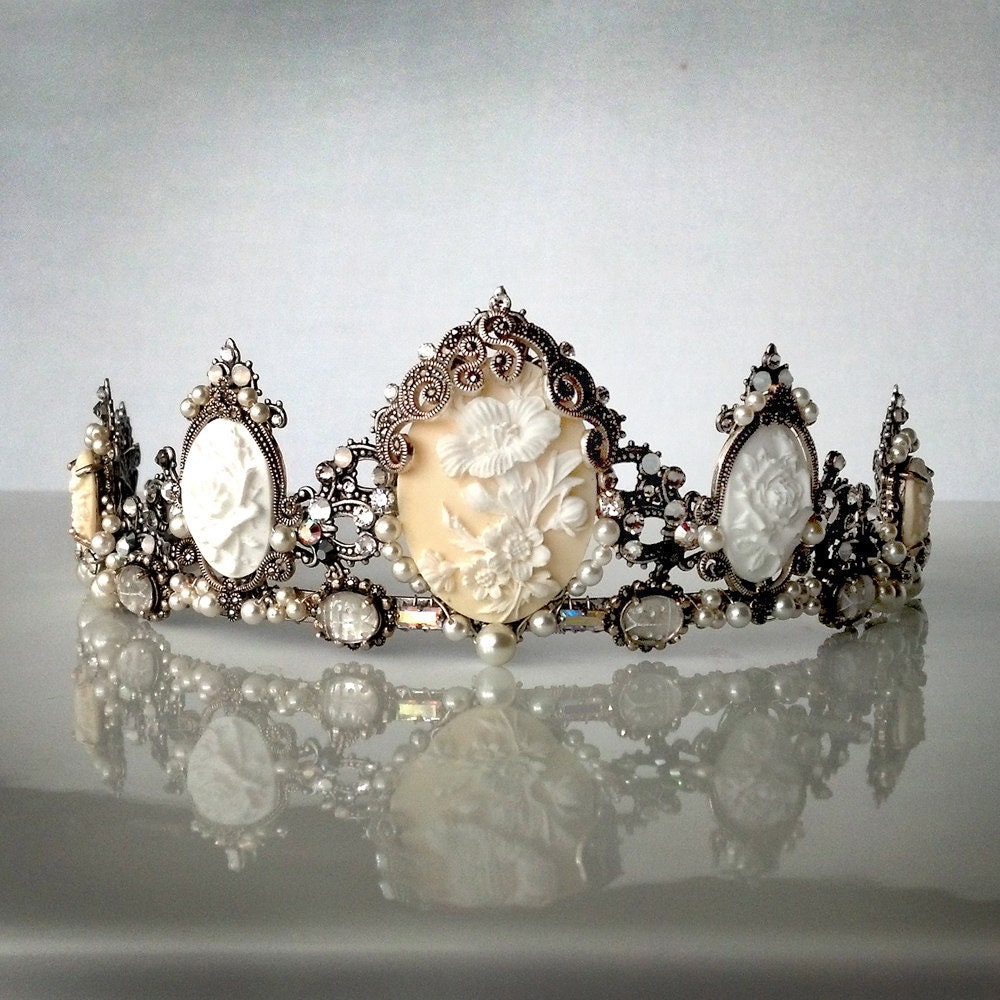 Drusilla White tiara - Gothic headpiece, marcasite, cameo, pearls, rhinestones, ladybugs