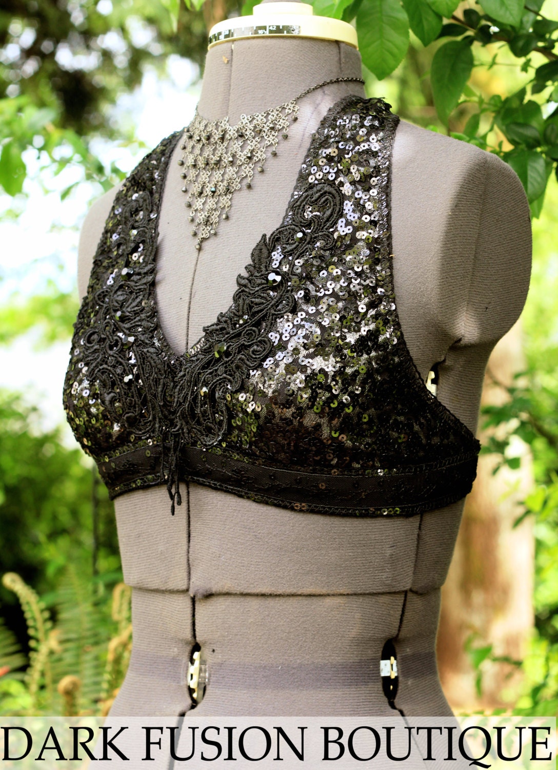 Halter, A, B, C or D Cup,  Black Sequin Sparkle, Noir, Bellydance, Dance, Costume, Tribal, Dark Fusion, Kuchi, Bra, Gothic