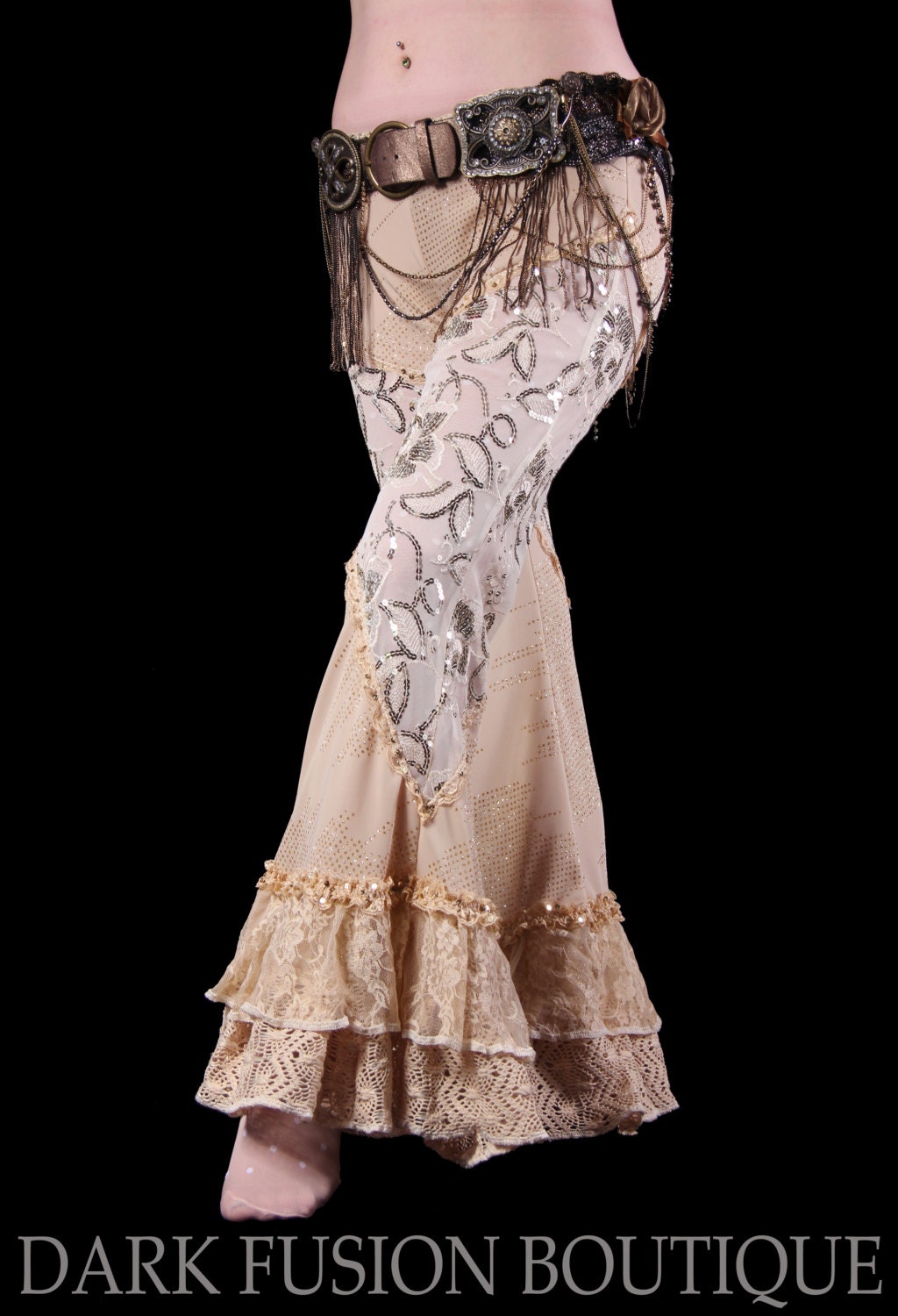 Pants, Creams with Sequin Sparkle, Stretch, Nouveau, Dance, Ruffles, Circus, Steampunk,Tribal, Bellydance, Dark Fusion Boutique