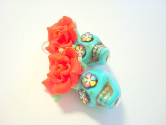 Red and Turquoise Rainbow Day of the Dead Roses and Sugar Skull Earrings