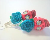 Pink and Turquoise Polkadot Day of the Dead Roses and Sugar Skull Earrings