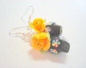 Black and Yellow Rainbow Day of the Dead Roses and Sugar Skull Earrings