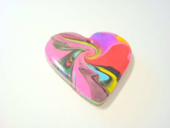 Black Rainbow Swirl Heart Polymer Clay Pendant