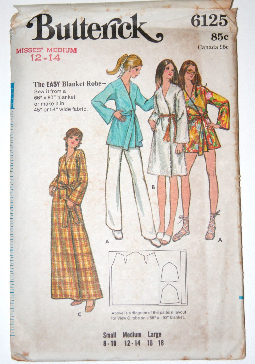 Vintage sewing pattern wrap style short or long robe 1970s Butterick 6125 - 34 36 bust