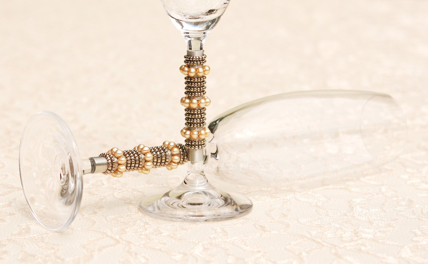 Vintage Looking Crystal Toasting Flutes Beaded in 24 Carat White Gold Beads And Champagne Fresh Water Pearls