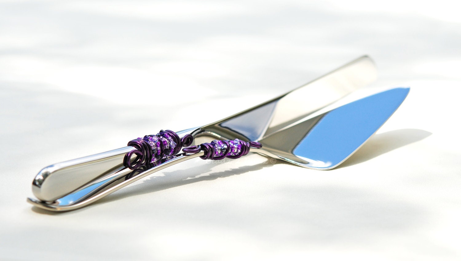 Purple Velvet SWAROVSKI Beaded Wedding Cake Server And Knife Set Crystal, Pearl, Glass Violet, Lavender, Deep Plum Beads, Rustic Wire Swirls