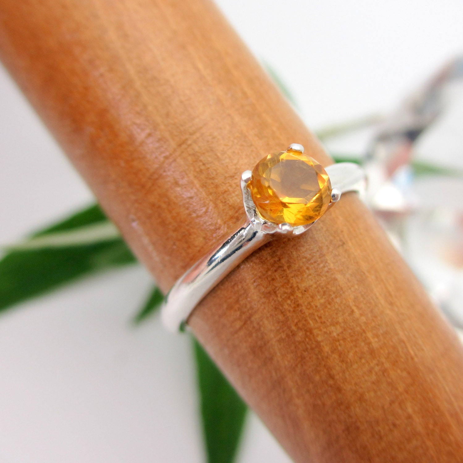 Yellow Citrine Ring in Sterling Silver, Round Faceted Gemstone