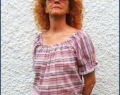 Vintage 70s Blouse Top Rockmount Western Rockabilly Square Dance Red White Blue Plaid White Eyelet Trim Size S to M