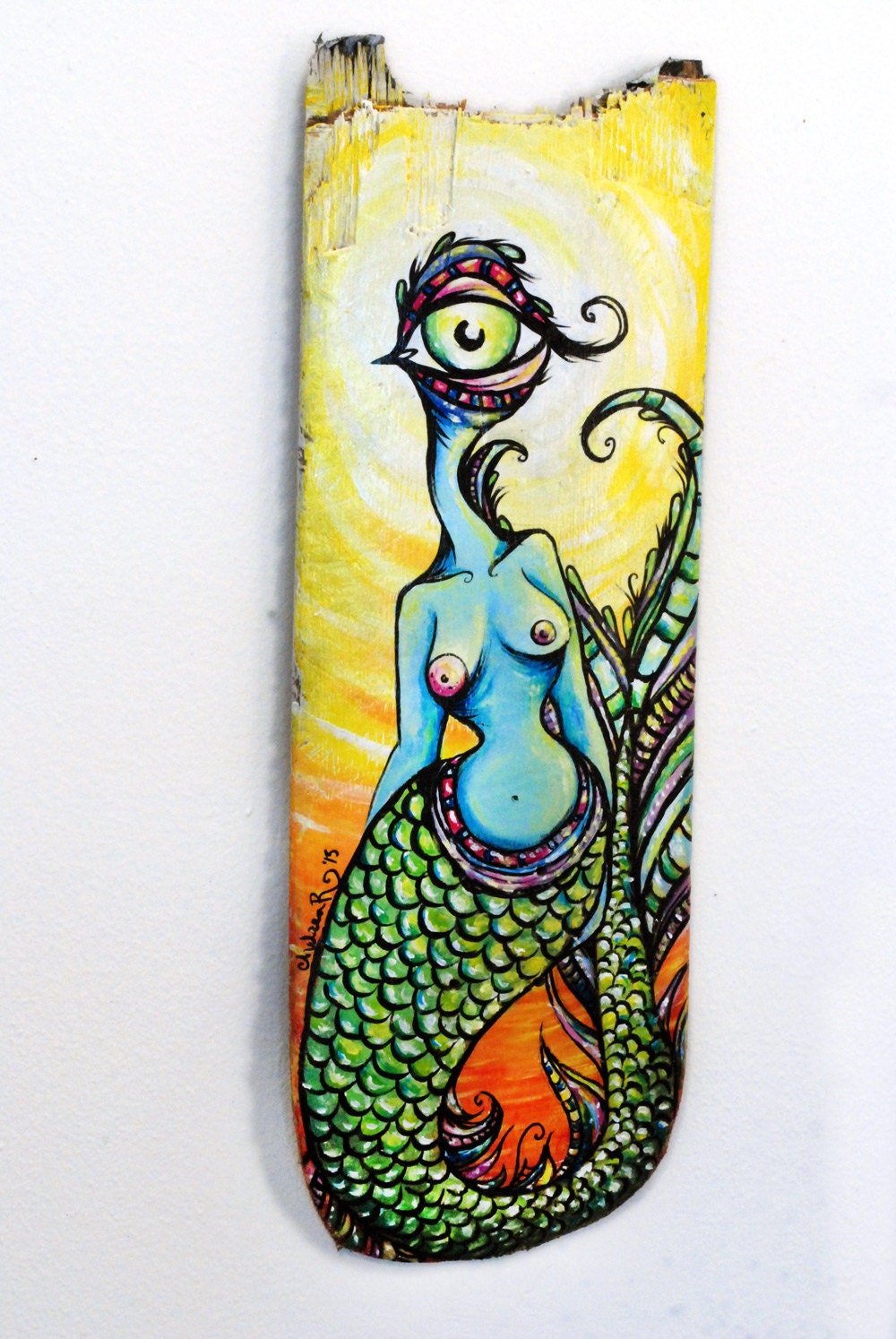 Fish of Perception acrylic painting on broken skateboard