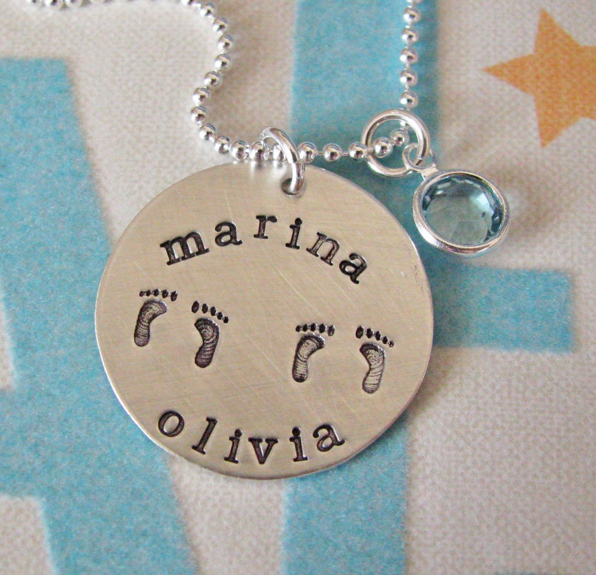 NEW - custom hand stamped twins necklace with names and footprints