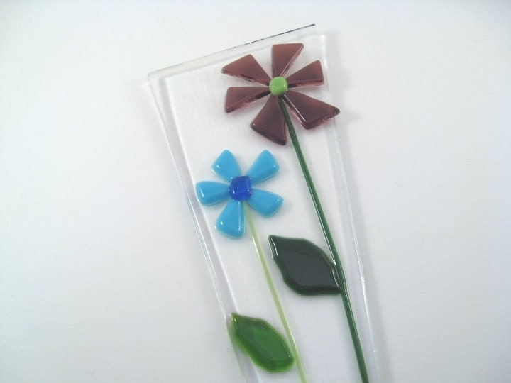 Flower Pot Plant Poke Stake Purple and Blue Fused Glass Flowers