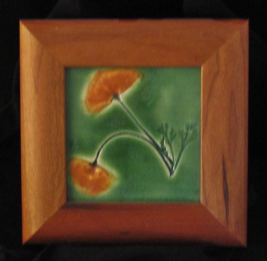 California Poppy tile:  wall decor - cherry wood frame - satin mat glaze green orange craftsman inspired