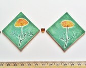 California Poppy tile: handmade  botanic decor green yellow orange glaze craftsman inspired