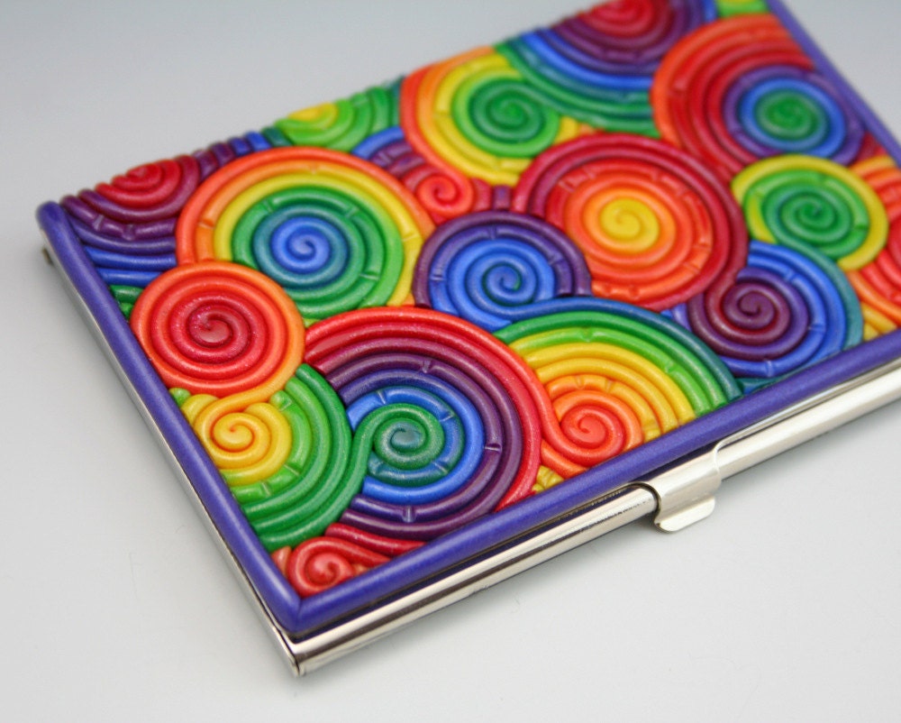 Business Card Case in Rainbow Polymer Clay (Violet Border)