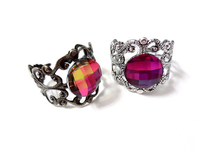 Vitrail Rainbow Ring, Rhinestone Adjustable Ring, Filigree, Silver, Antique Bronze Ring, Sparkling Fashion Accessory