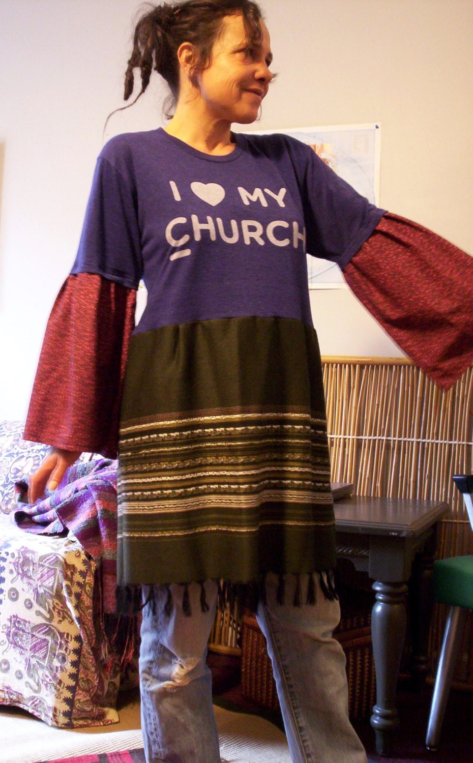 CHURCH T SHIRT DRESS Upcycled BeLL SLeeVE Frock