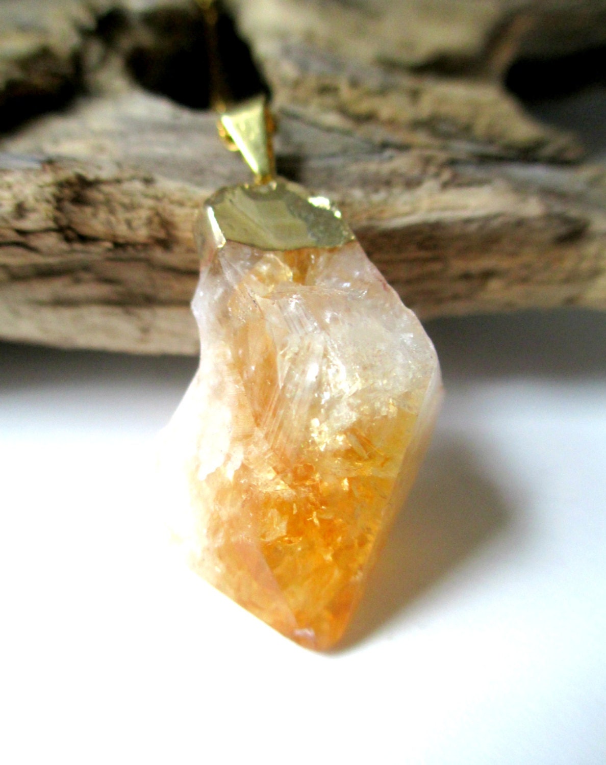 Citrine Crystal. Gold Dipped Stone Necklace.