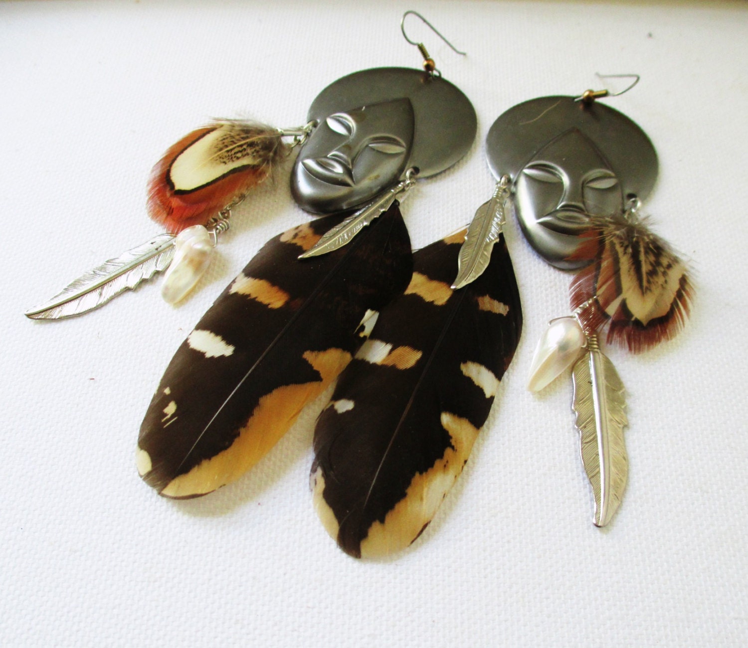 African Mask & Feather Earrings. One of a kind Bohemian Jewelry.