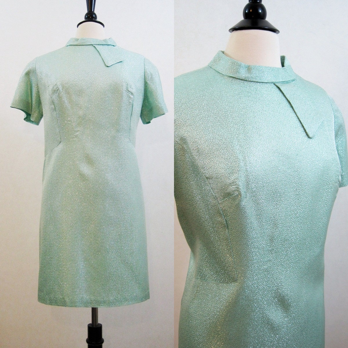 60s Dress Vintage MOD Aqua Mint Lurex Lame Mini Space Age Party L XL Plus size
