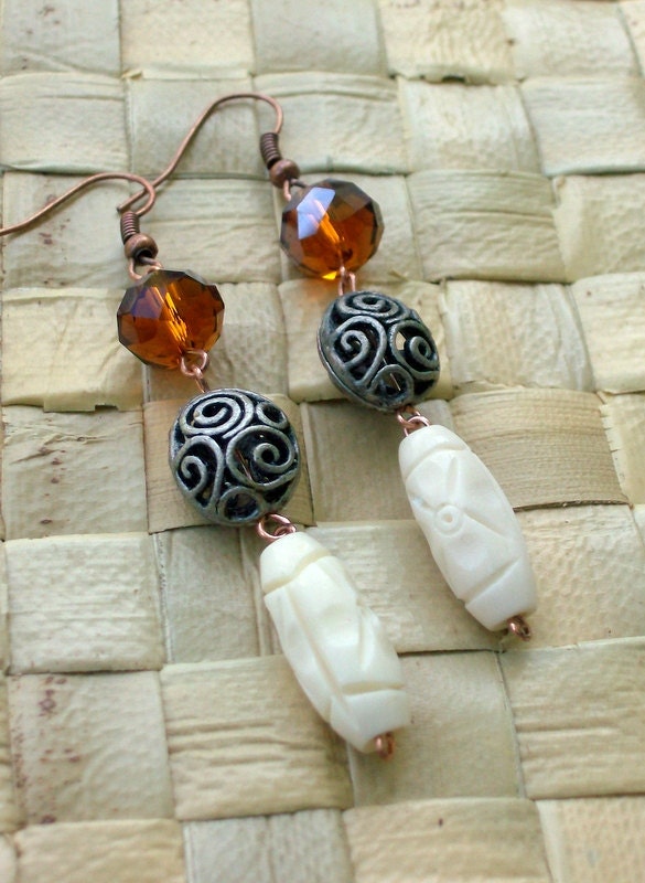 Bohemian Bone Earrings - stoneandbone - Caramel - Copper - Tribal Rustic Jewely
