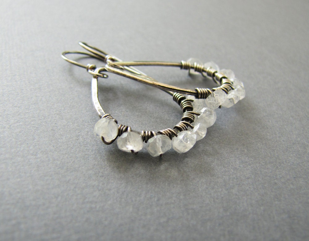 Silver Moonstone Earrings. Teardrop Wire Wrapped Dangle Earrings. Bridal Jewelry