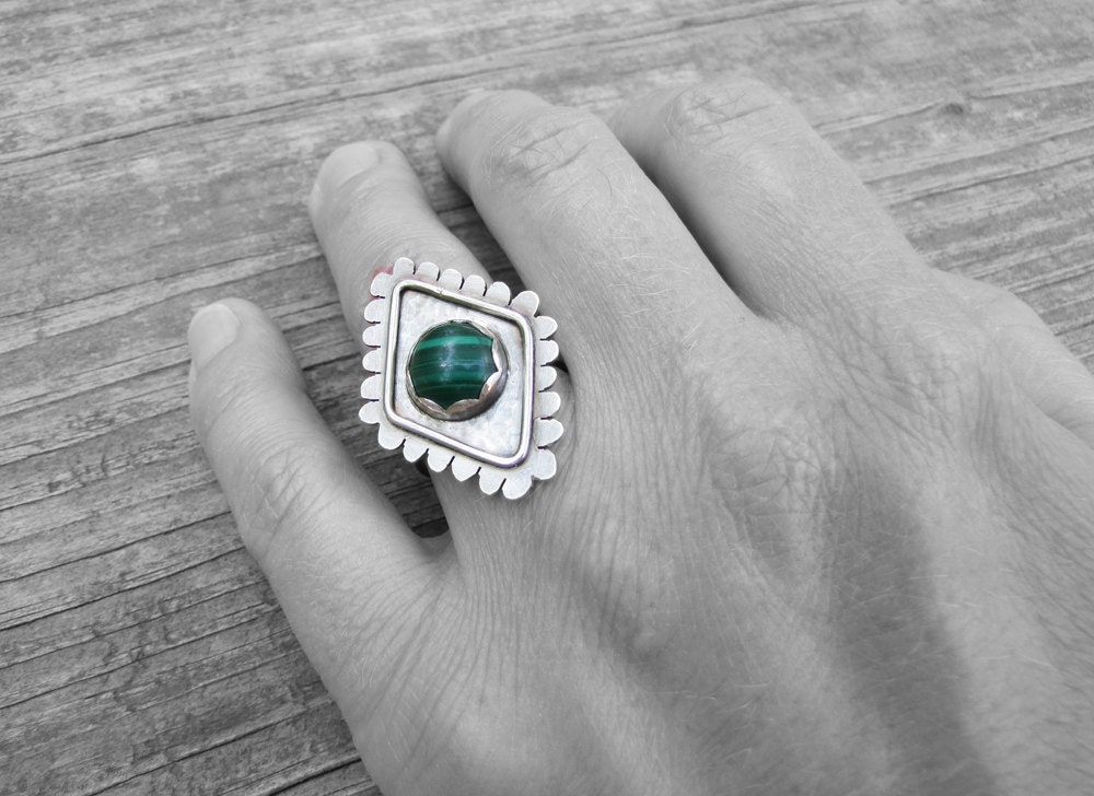 Designer Malachite Diamond Scalloped Ring. Vibrant Emerald Green Cocktail Ring. Sterling Silver Metalsmith Jewelry