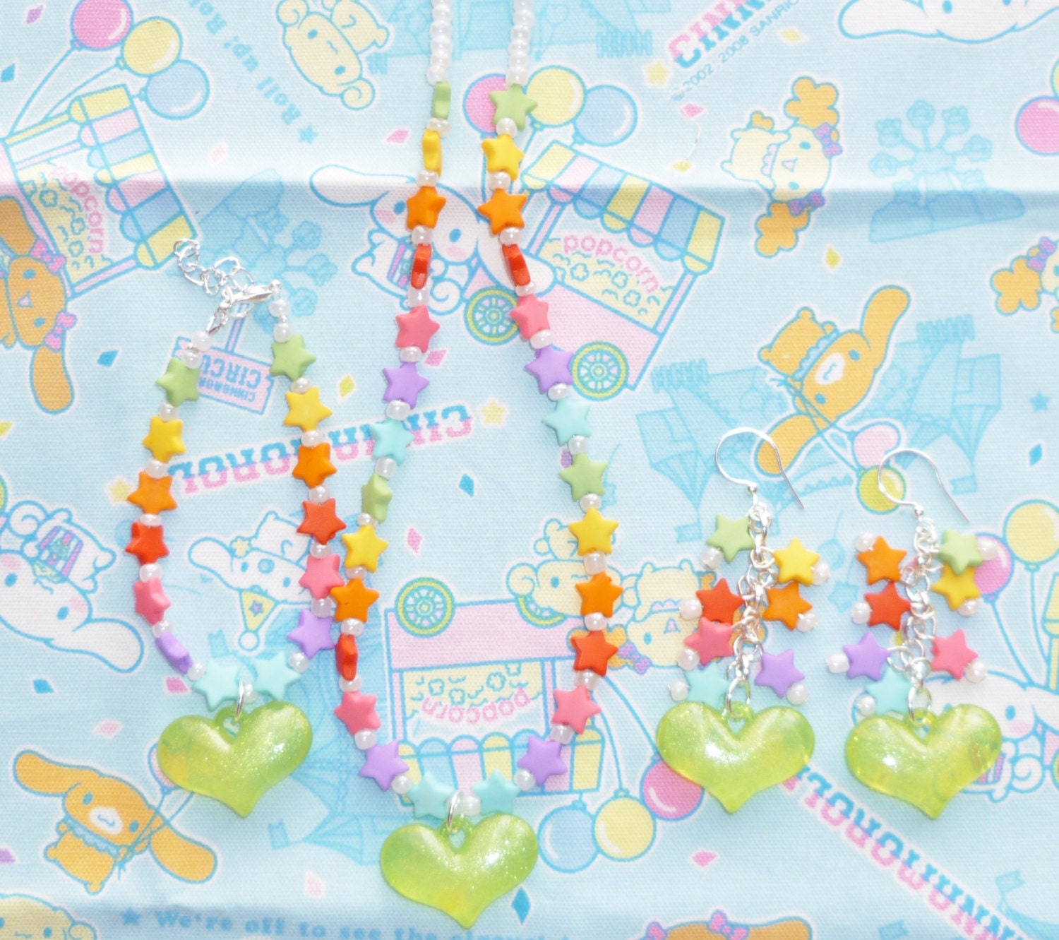 Stars and Hearts Jewellery Set - Kawaii stars in rainbow colours and green heart charms necklace, bracelet and earrings set