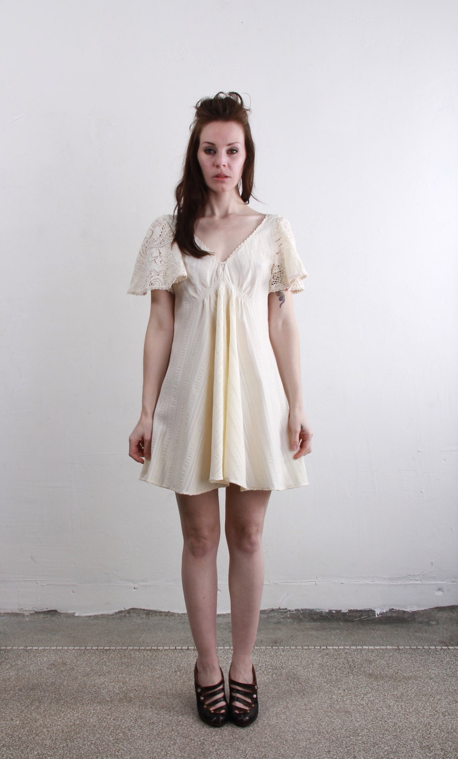 Vintage Boho Dress . Crochet Butterfly Sleeve . Loose Cotton Drape Top . 1960s Hippie Love