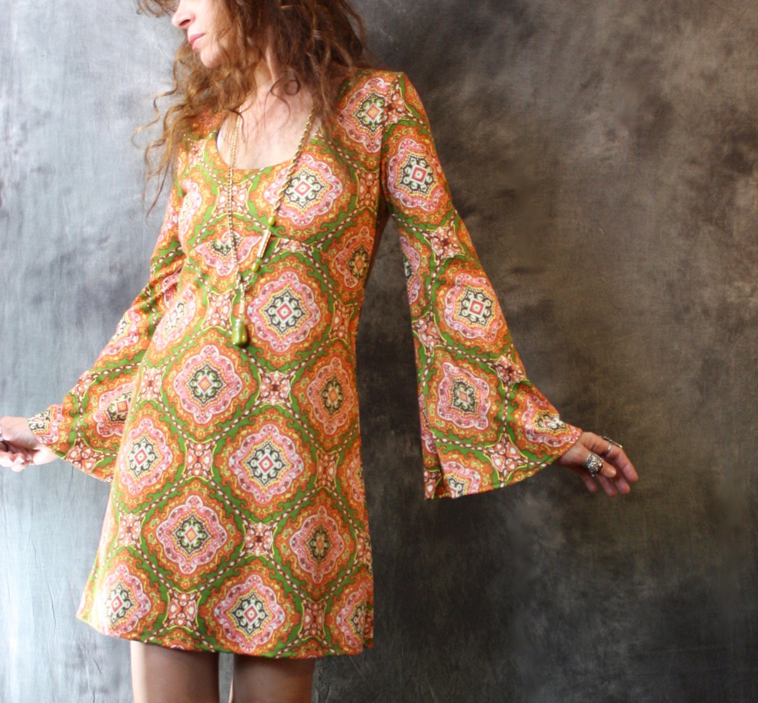 Vintage 1960s Mod Hippie London Dress Bell Sleeves