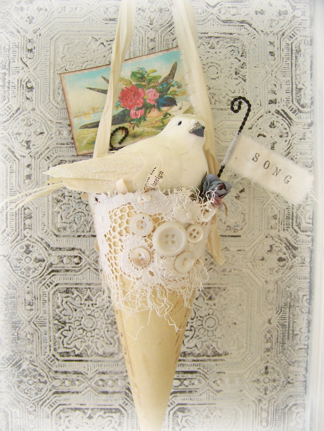 Victorian Paper Cone Vintage Spring Decor Yellow Vintage Bird Art Spring Decoration Shabby White Tussie Mussie