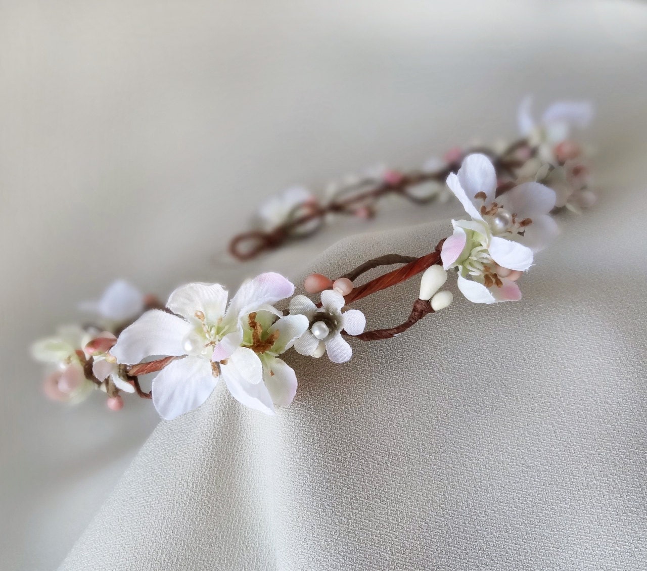 white flower hair circlet, cherry blossom wedding, bridal hair garland - FAERY TALE - flower girl hair accessory, bridal headband, headpiece