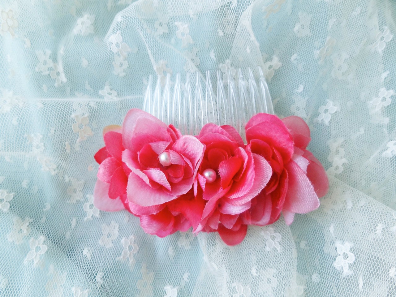 silky fuschia pink flower hair comb, bridal hair accessory, hot pink wedding headpiece - PUCKER UP - pink wedding accessories