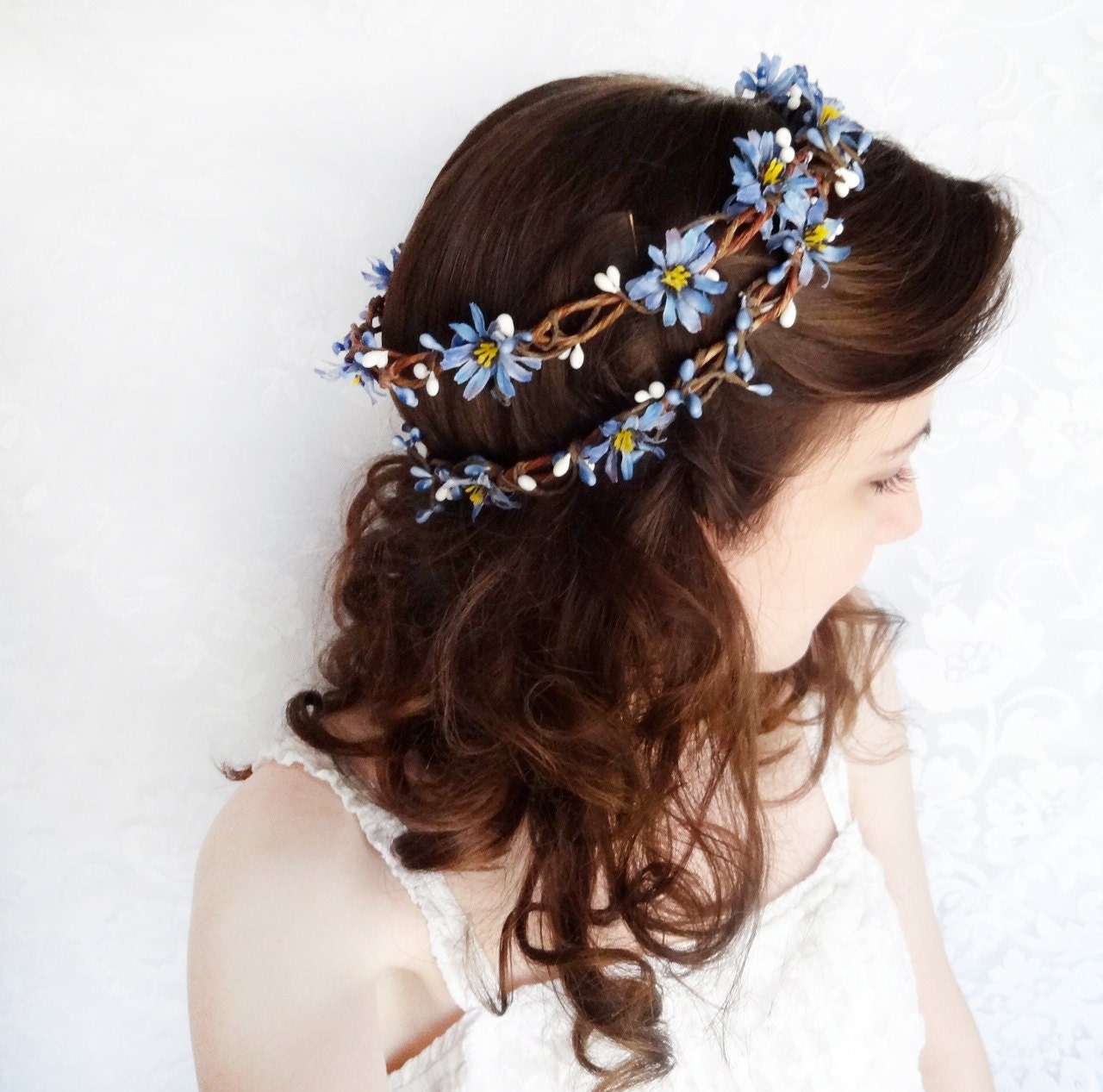 blue flower crown, blue wedding head wreath, bridal headpiece - MEADOW LARK - rustic wedding headpiece, blue hair accessories, flower girl