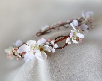 white flower hair circlet, cherry blossom wedding, bridal hair garland - FAERY TALE - flower girl hair accessory, bridal headband, headpiece
