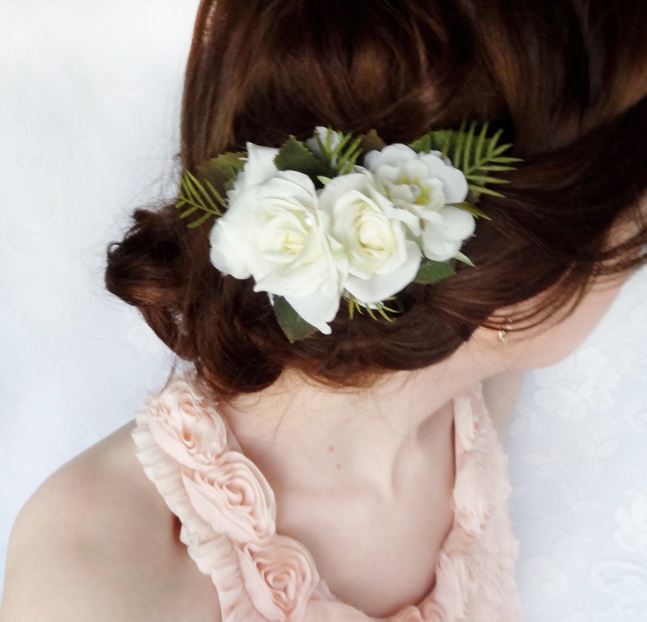 white rose bridal hair clip, white flower, wedding hair accessory - EVERLAST - fern, green leaves, hair flower