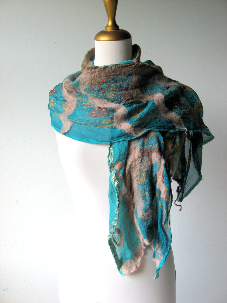 Nuno Felted Silk Scarf - Floral Blue