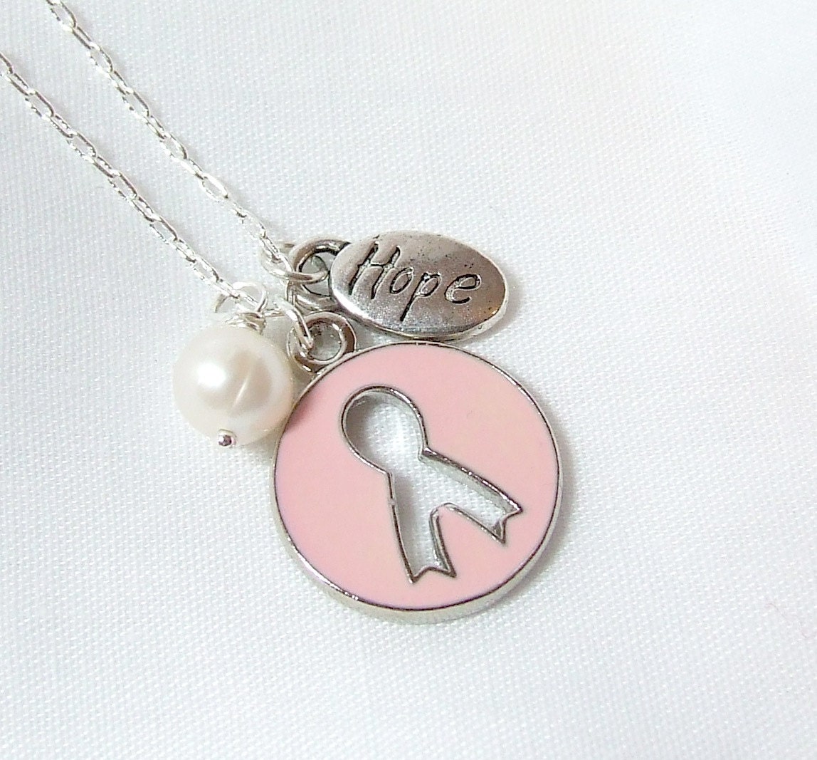 Breast Cancer Pink Ribbon Pearl and Charm Necklace