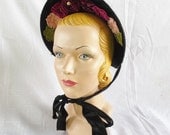 Victorian 1880's Spoon Bonnet Hat with Velvet Flowers