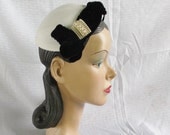 1950's Vintage Black and White Cocktail Hat with Faux Pearls