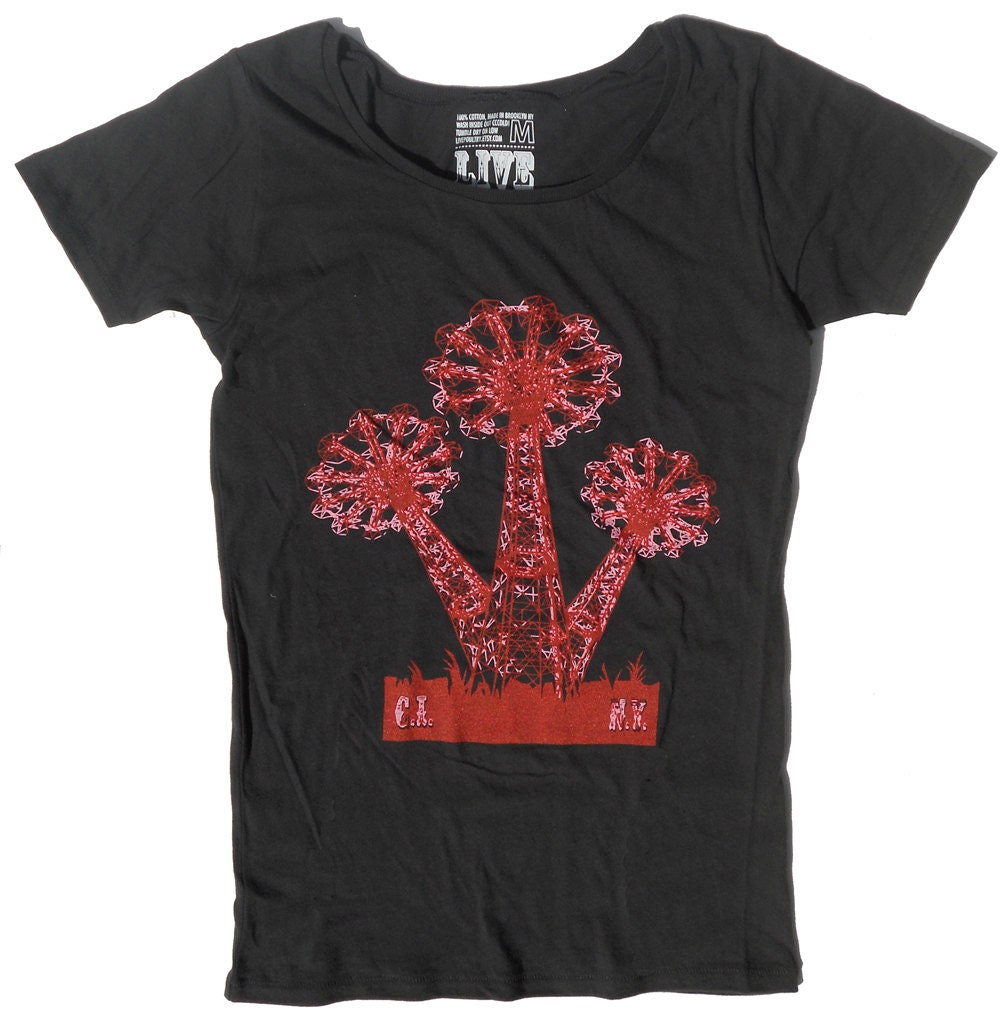 Women's Coney Island T-shirt, Parachute Jump in Black Organic Scoop Neck - S, M, L, XL