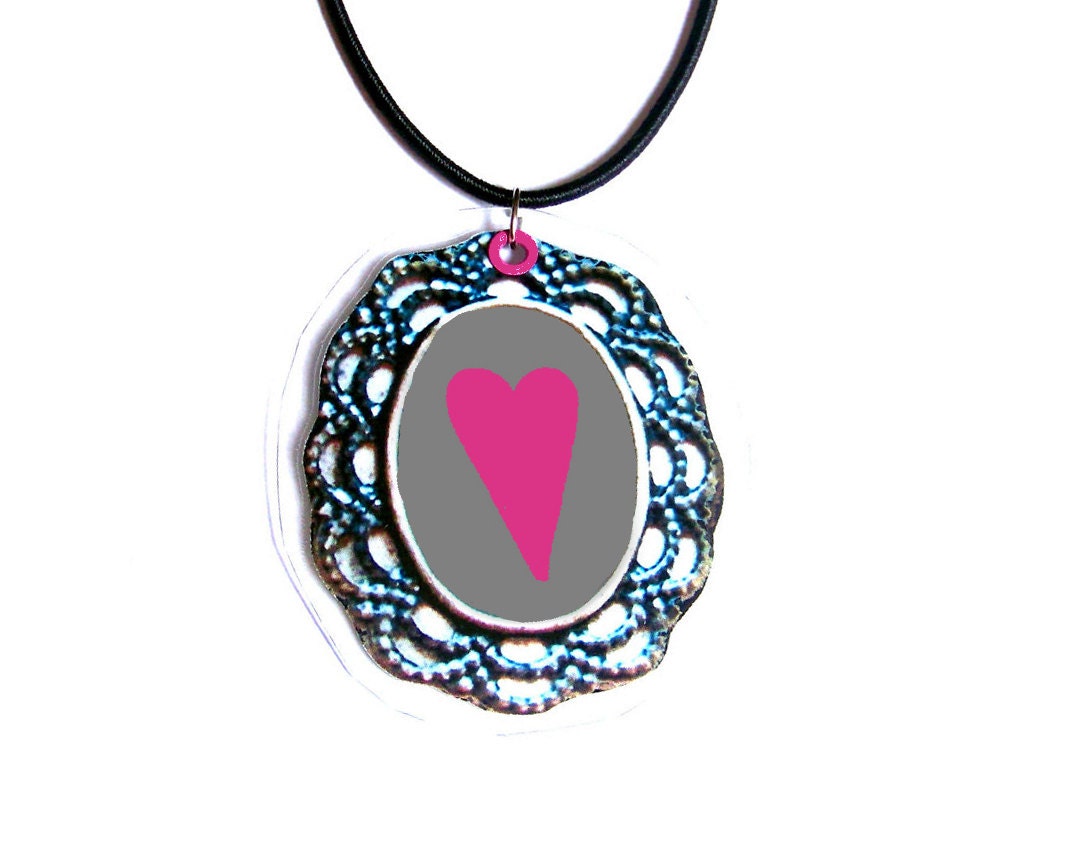 Pink & Grey Heart Necklace, Pretty Filigree French Inspired Pendant for Valentine's Day