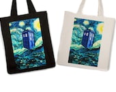 Starry Night Police Box Grocery Tote Bag, Handbag, Purse, Gift Bag, Natural or Black Canvas