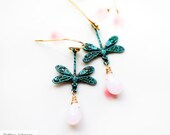 Patina Dragonfly Earring Pink Teardop Turquoise finish Antique brass Gold earwire