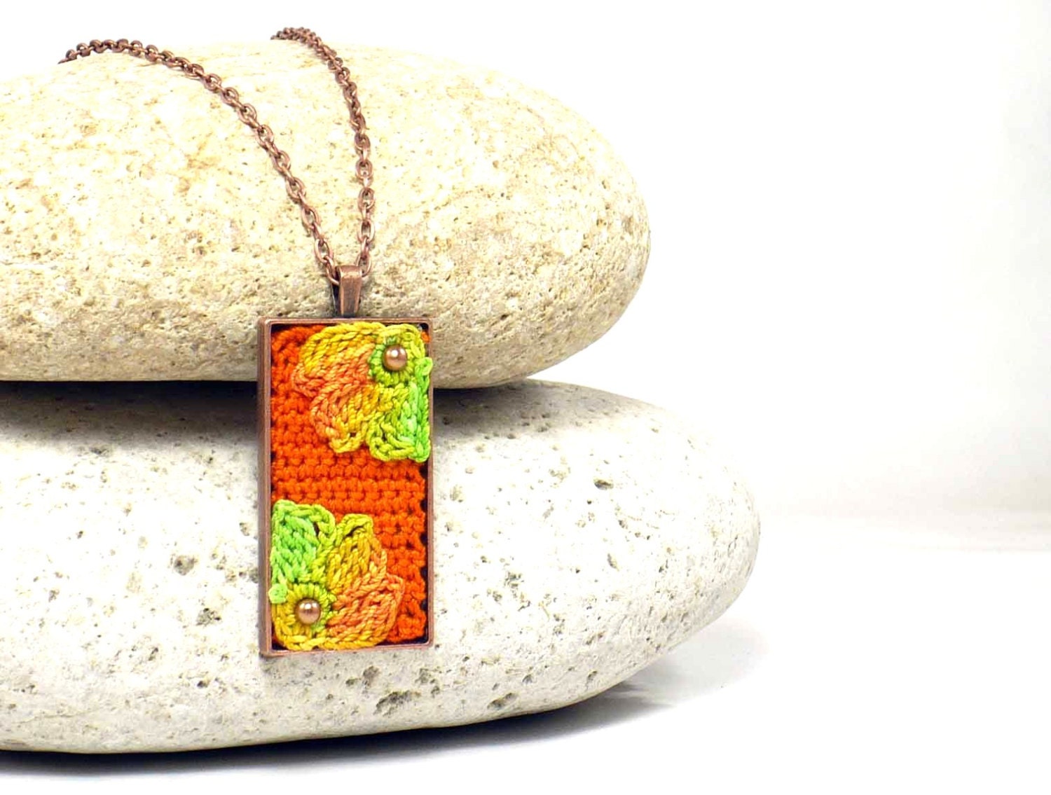Antique Copper Pendant Crochet Flower Necklace Orange Green Yellow Bridesmaid Gift Fabric Flower Pendant Fiber Art Crochet Pendant