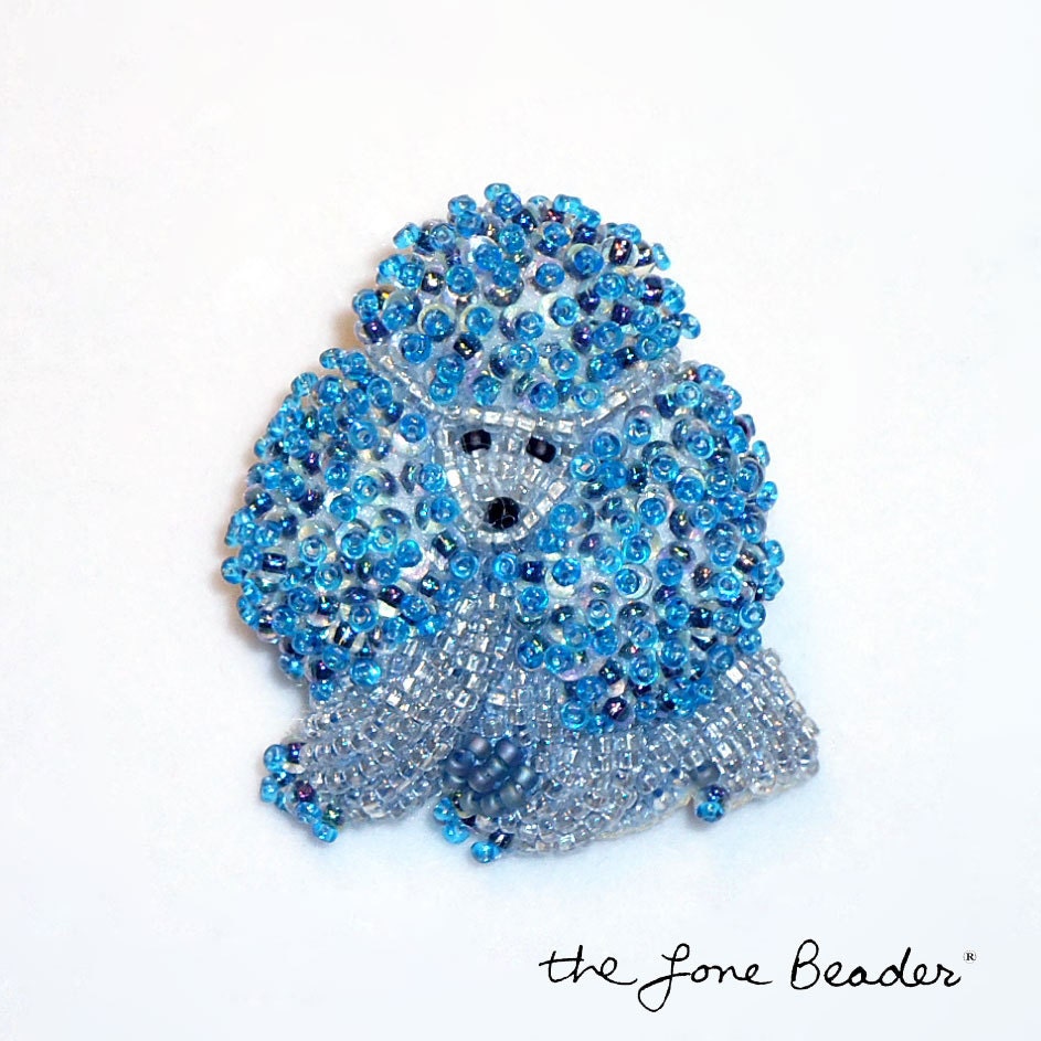 Tiny Blue & Gray Beaded MINIATURE POODLE dog art pin/ pendant (Ready to ship)