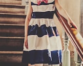Girls Navy and White Stripe Peter Pan Collar Bow Tie HARBOR Dress... Sizes 12/18M through 14