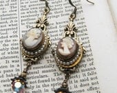 Art Nouveau Antique Cameo Earrings Pearls Vintage pink glass beads VICTORIAN romance brass hand carved