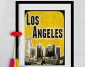 Los Angeles City Yellow Poster print Cityscape artwork  Mixed Media art on canvas Handmade Wall Decor typography print