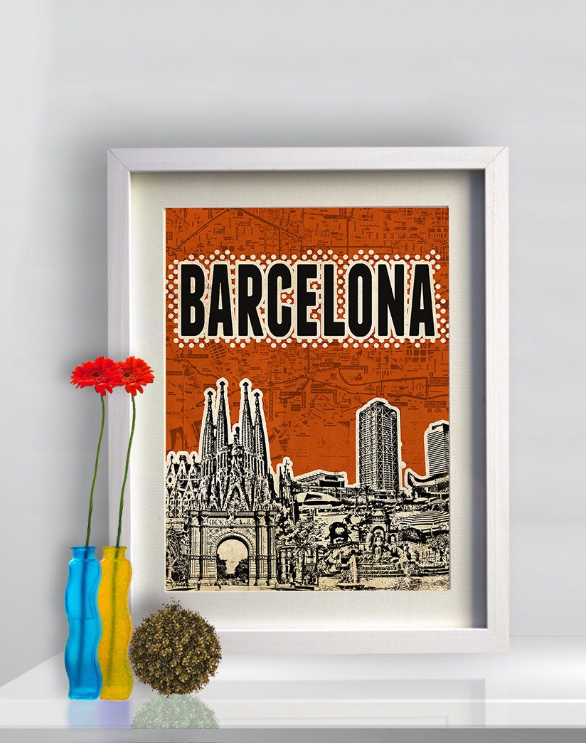 Barcelona Spain Poster print Cityscape artwork  Mixed Media art on canvas Handmade Wall Decor typography print