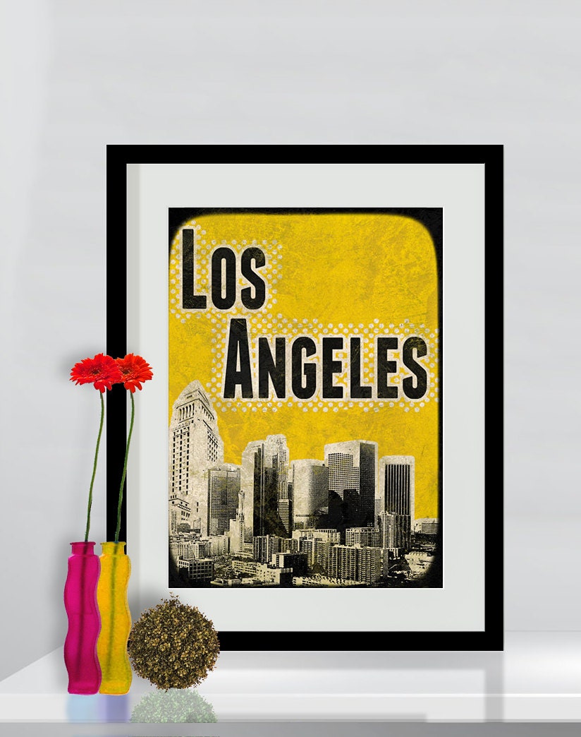Los Angeles City Yellow Poster print Cityscape artwork  Mixed Media art on canvas Handmade Wall Decor typography print